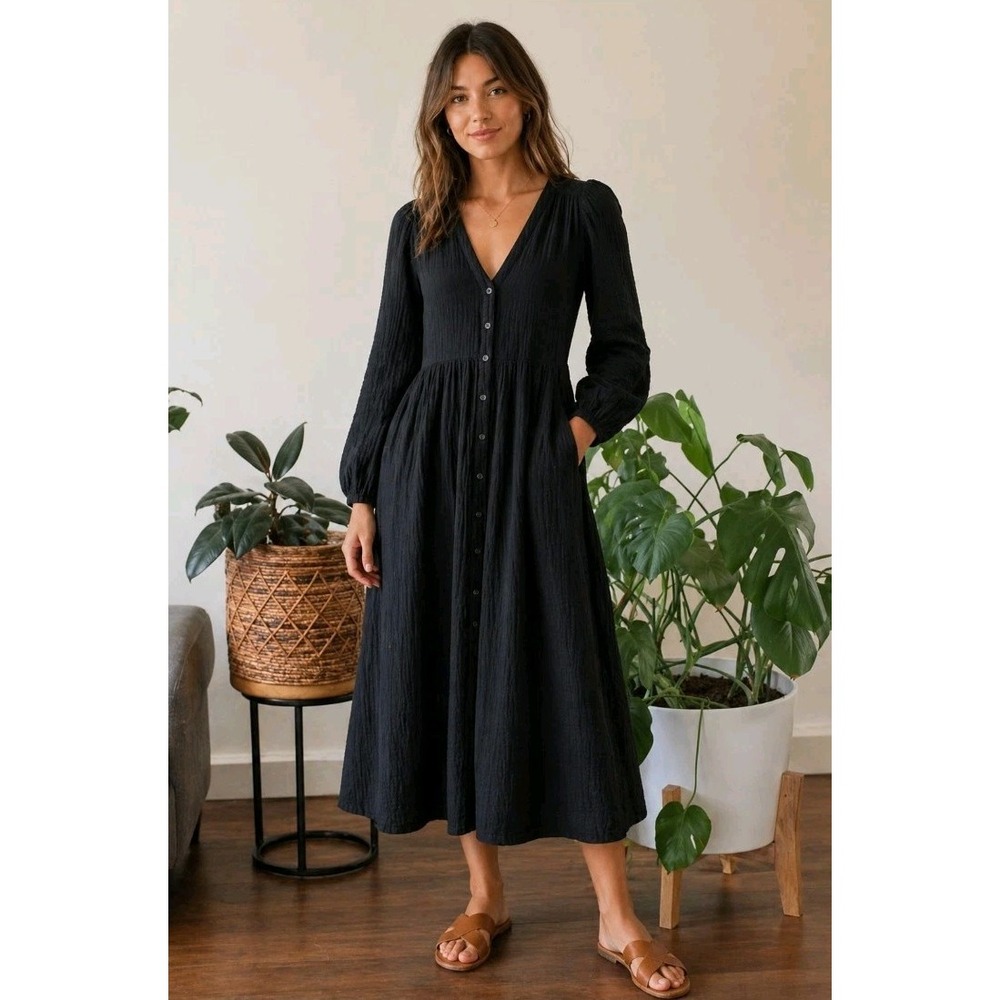 XIRENA Black Cotton GAUZE Button Front MIDI Maxi Dress BOHO EMPIRE‎ WAIST Medium
